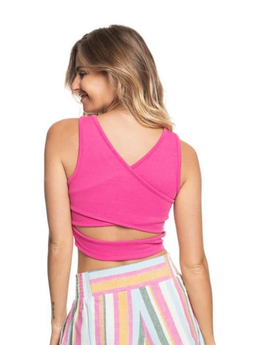 Roxy Pink Ribbed Cropped Tank With Criss-Cross Back